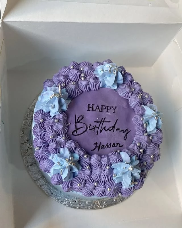 Blueberry HBD cake for Hassan with birthday wishes and beautiful decoration - Birthday Celebration Cakes Karachi By Whisk And Sift